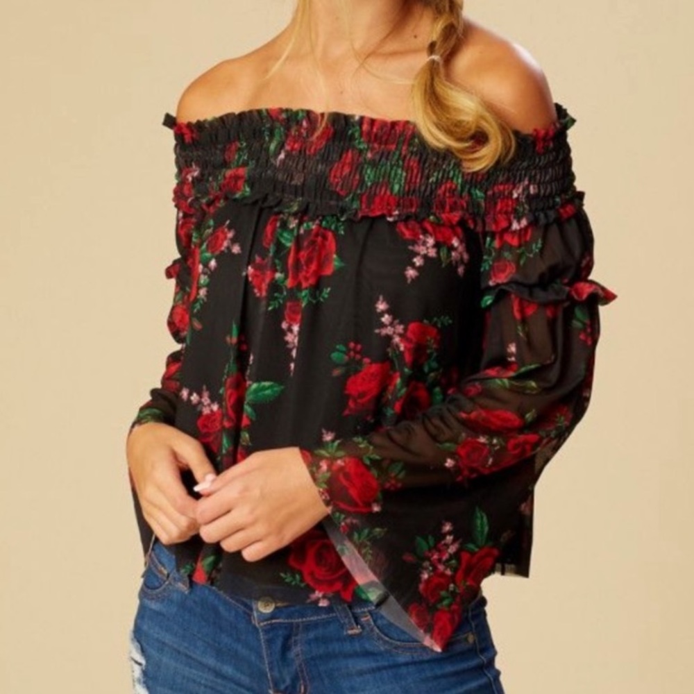 Altar’d State Rose Print Off-The-Shoulder Blouse